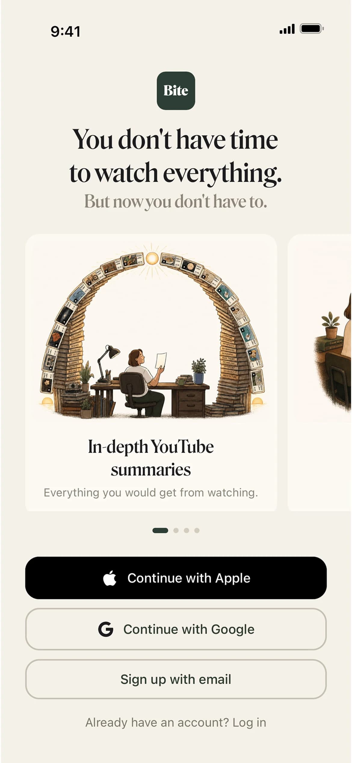 Bite welcome screen introducing the app