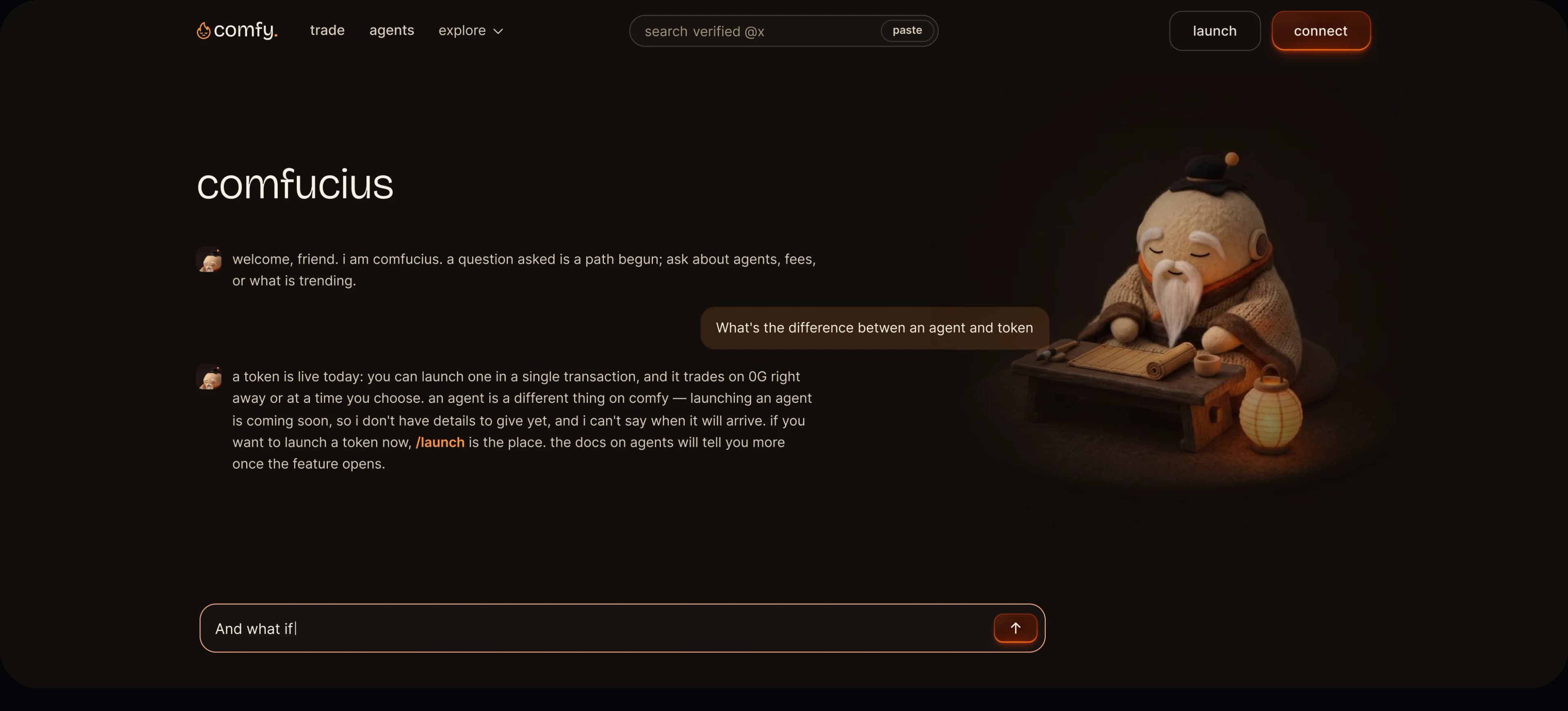 Ask Comfucius chat: Comfucius explains the difference between an agent and a token, beside an illustration of him at his desk