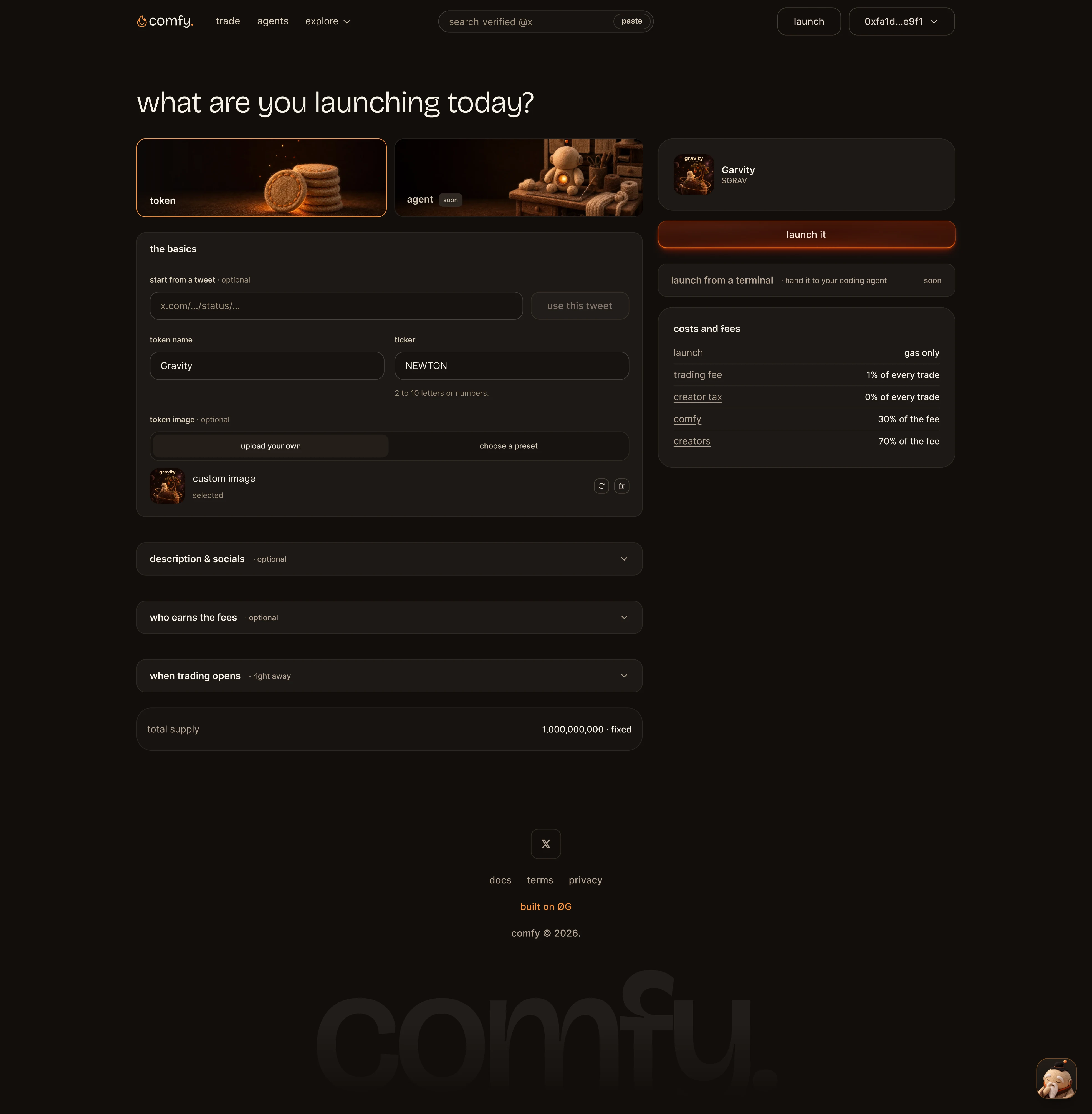 Launch page: what are you launching today, with the token form, launch it, and costs and fees