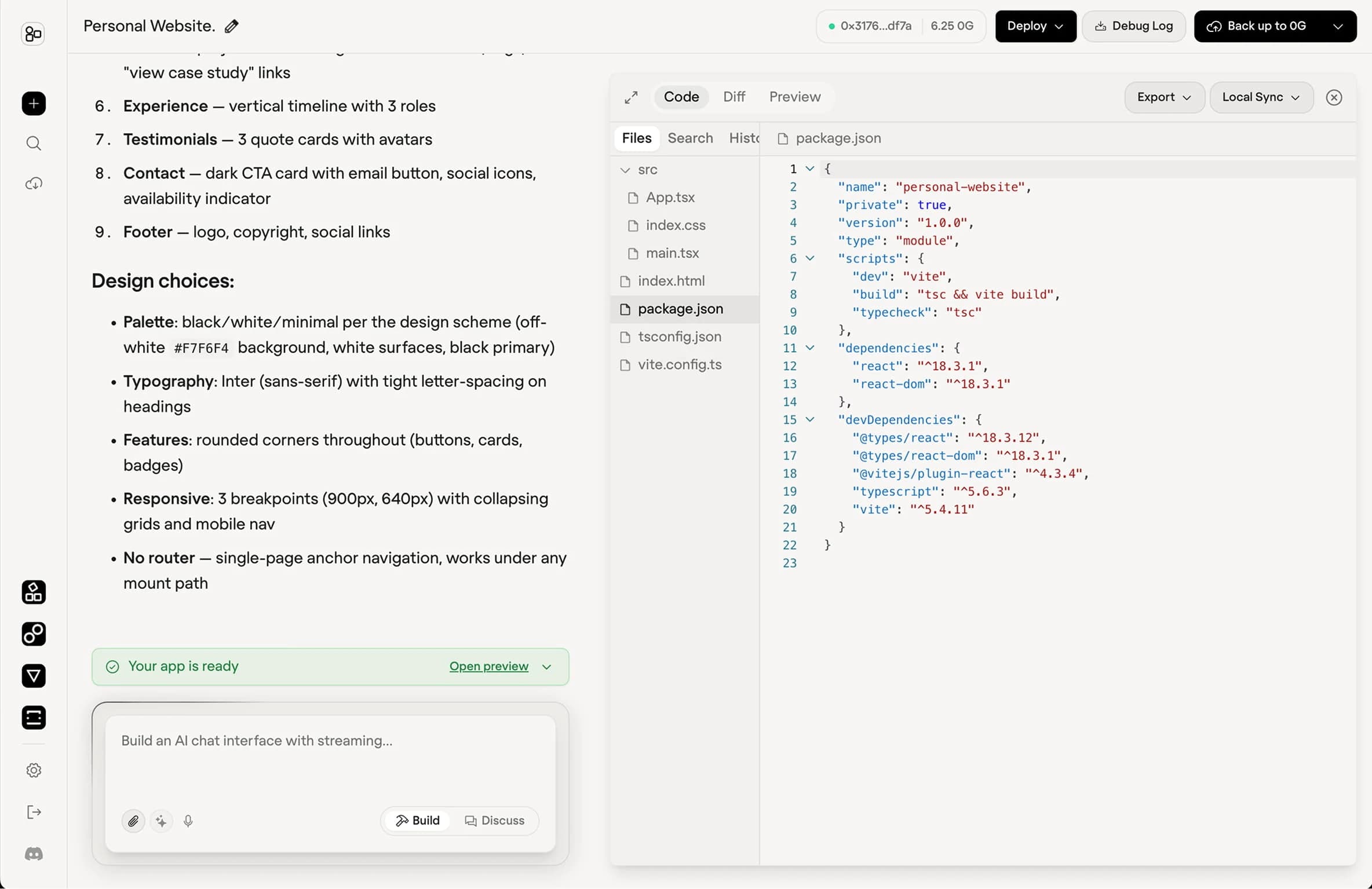 0G App Studio, a generated spec beside its code editor