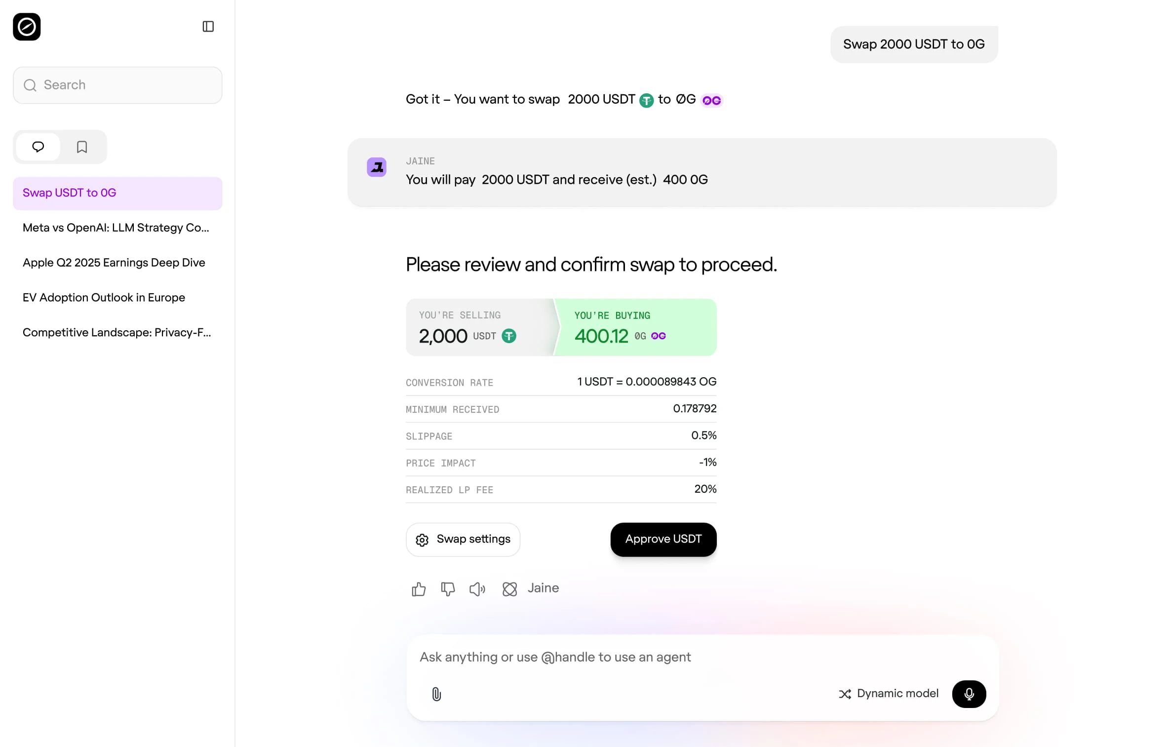 0GPT, confirming a token swap in chat