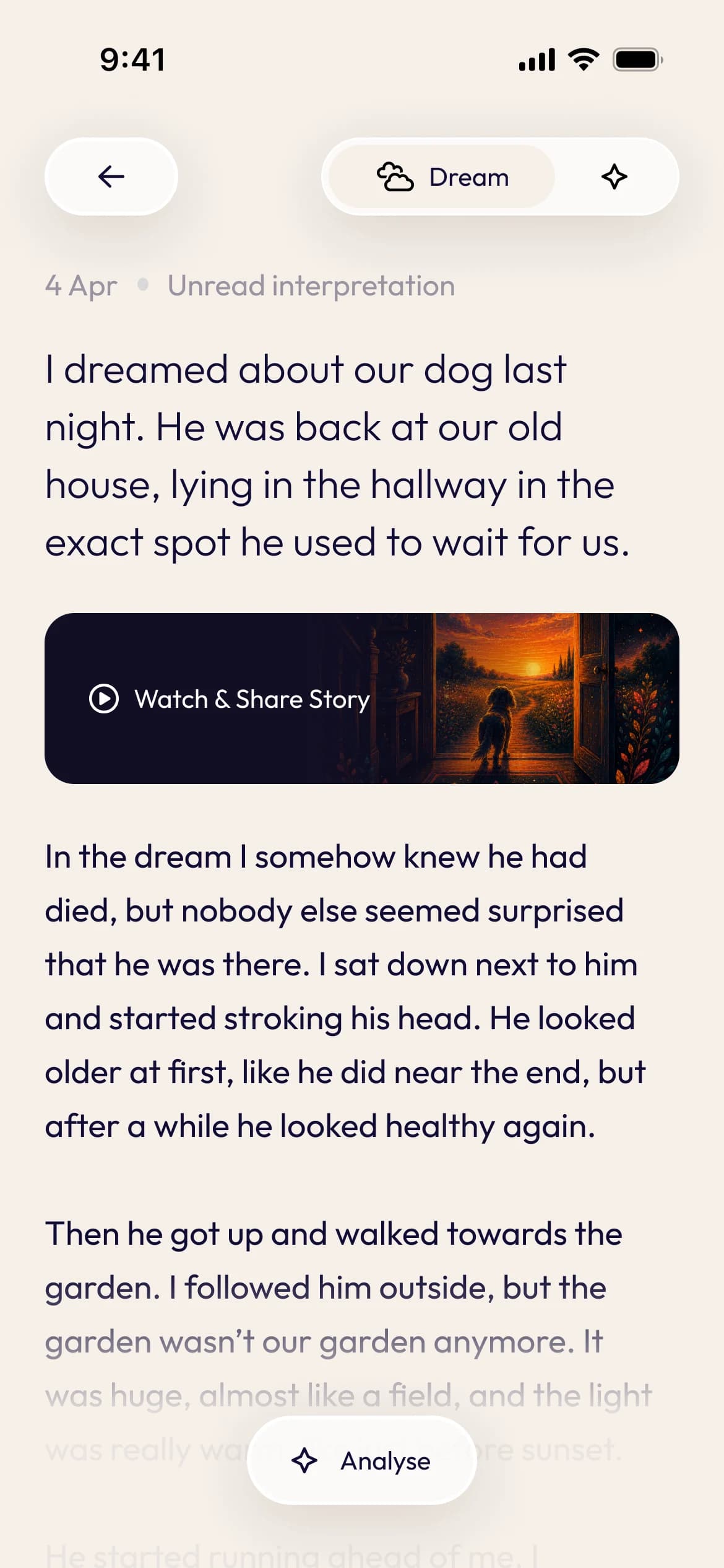 Ruya dream detail view with the logged dream text and a Watch and Share Story card