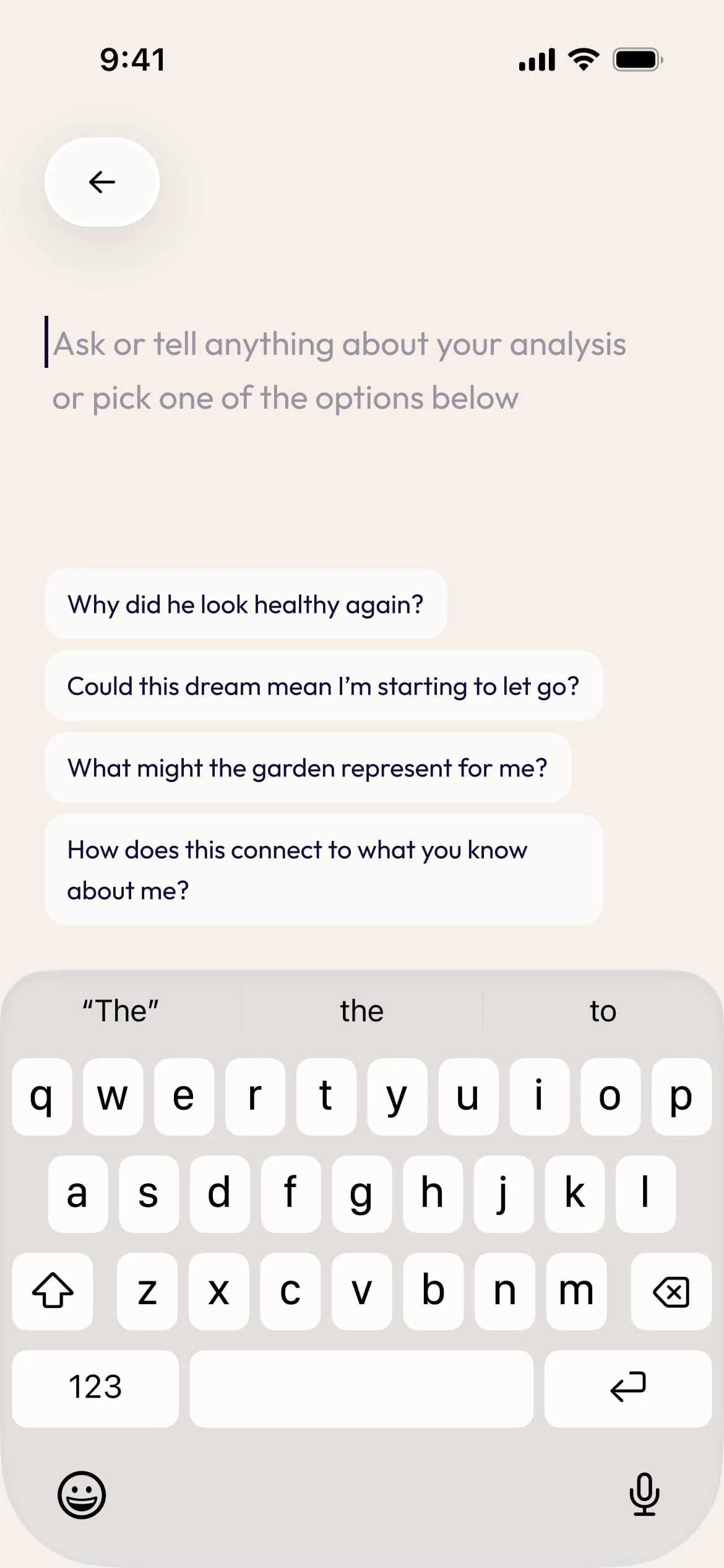 Ruya chat ready to ask, with suggested questions about the dream analysis