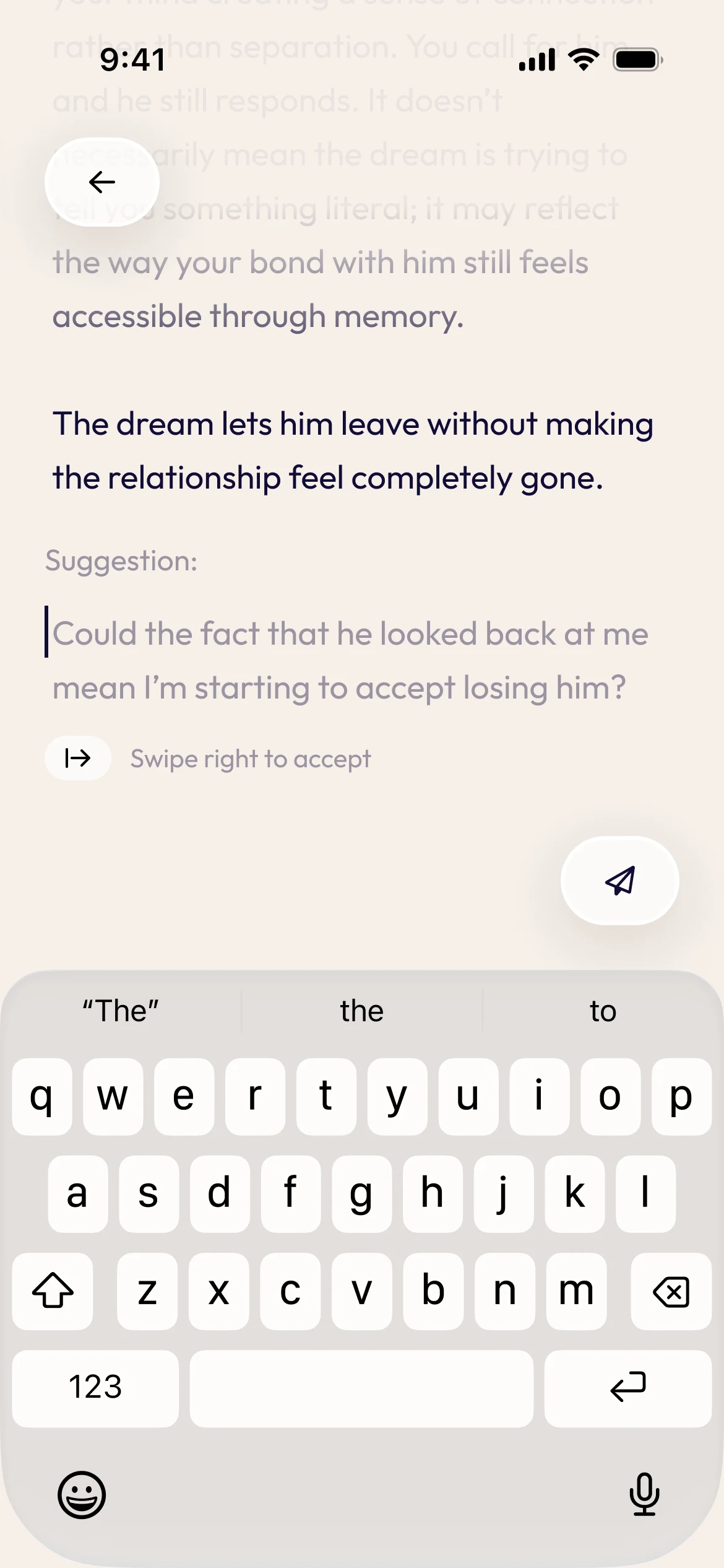 Ruya chat showing a ghost suggestion with swipe right to accept