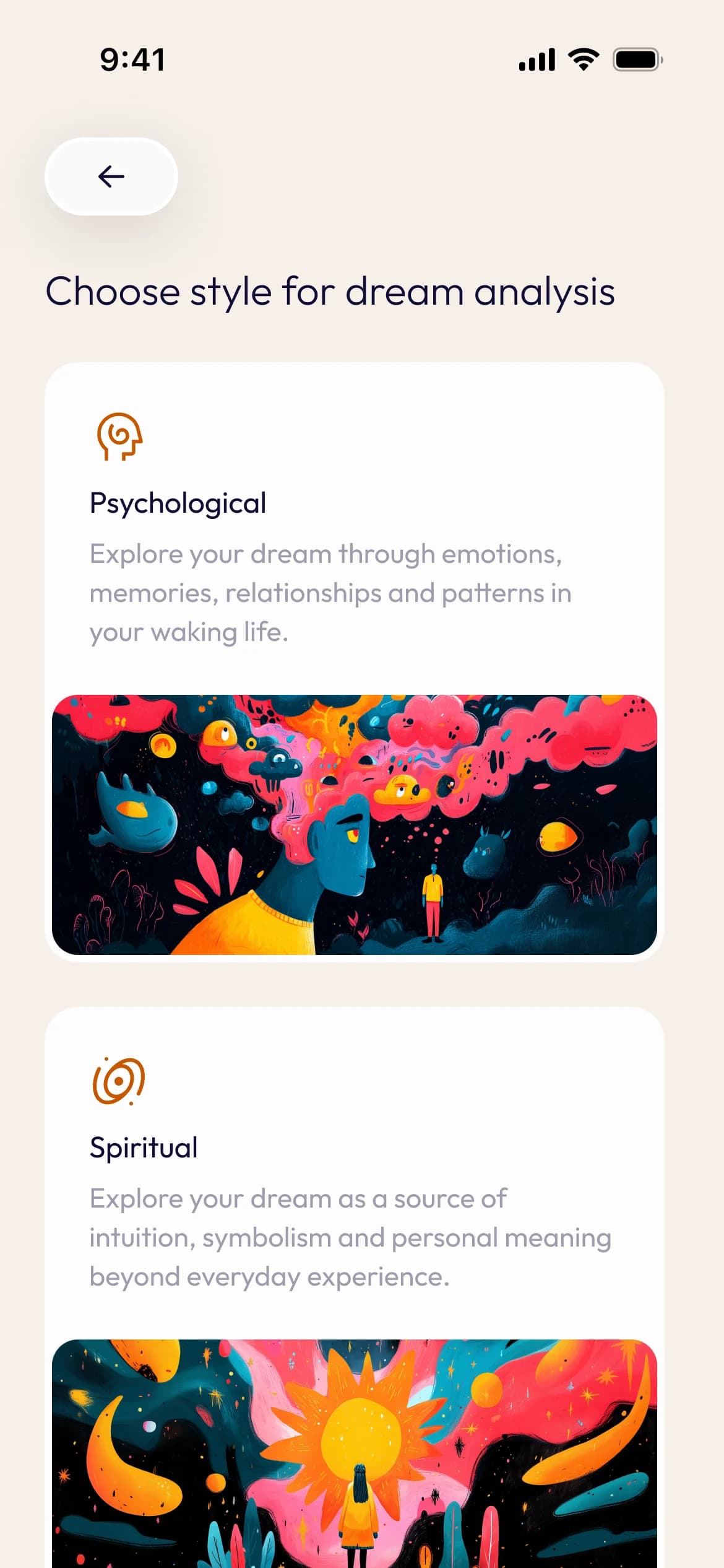 Ruya analysis style picker offering psychological and spiritual lenses