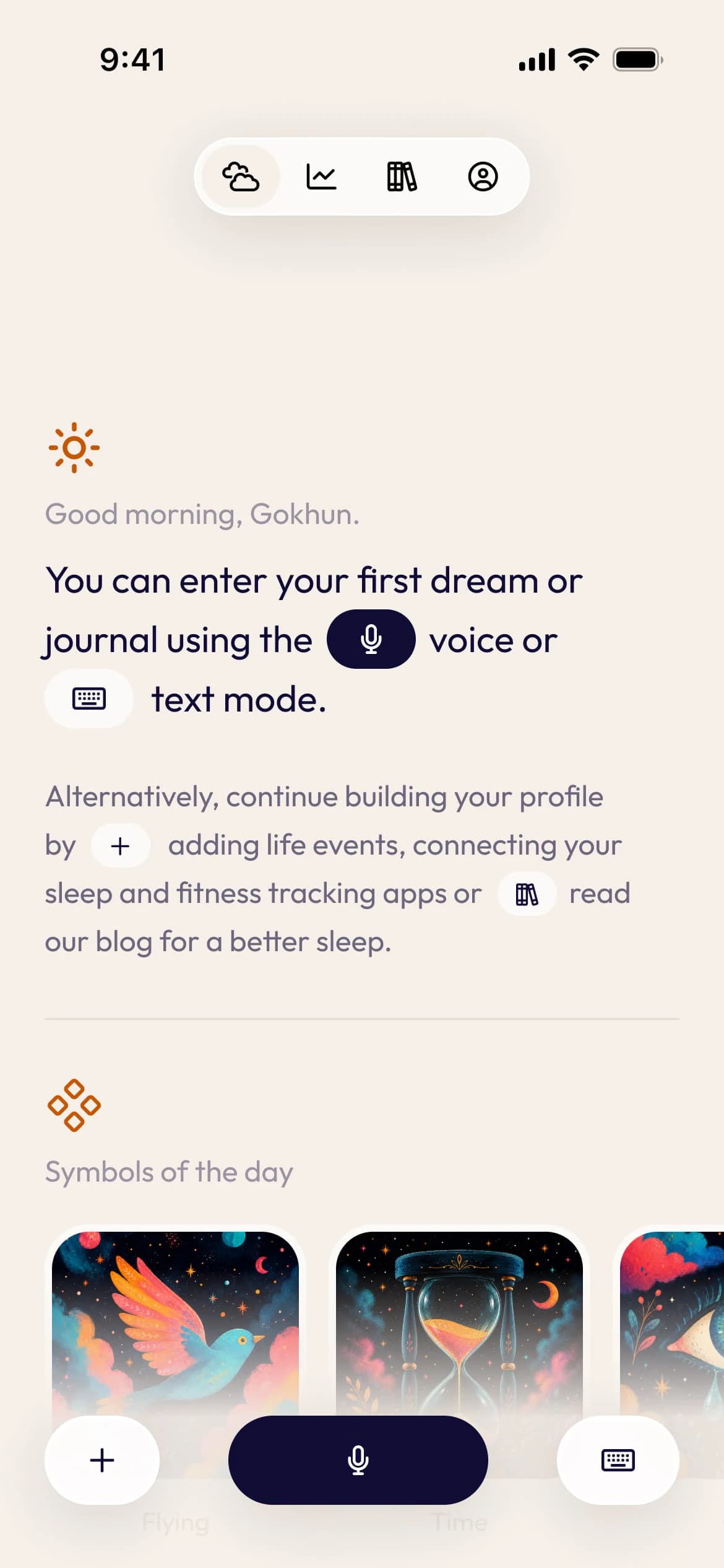 Ruya homescreen for a first time user, with an empty state explaining voice and text logging