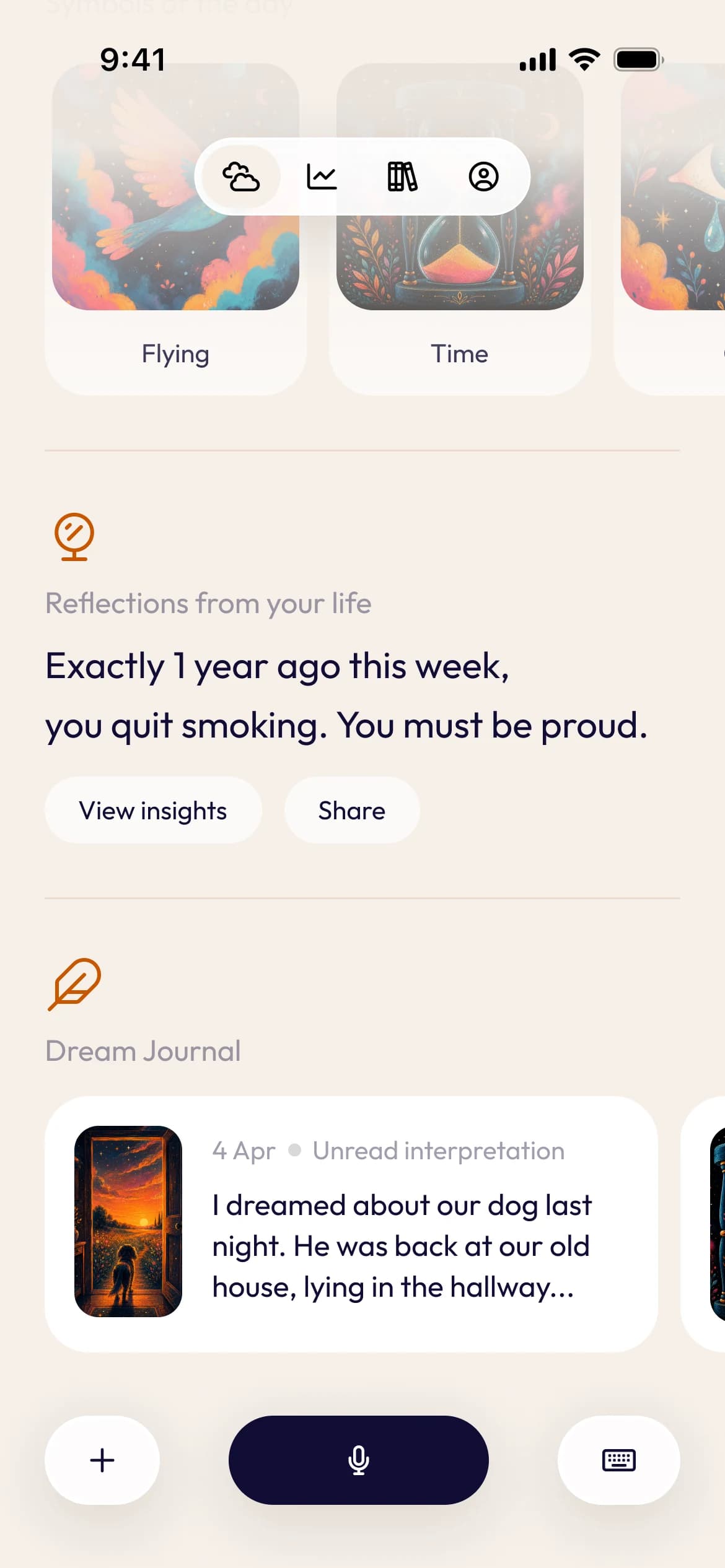 Ruya homescreen scrolled to reflections from your life and the dream journal