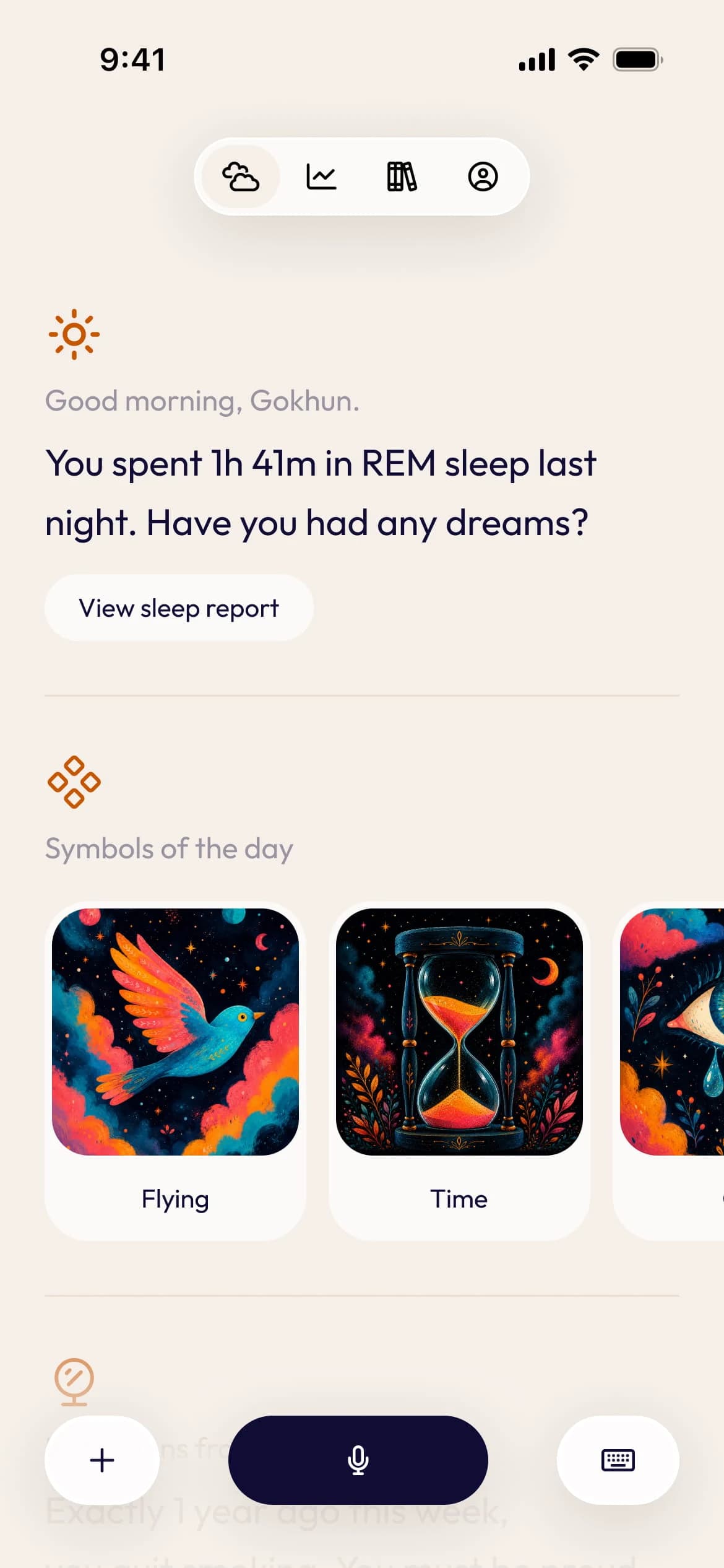 Ruya homescreen for a returning user, showing REM sleep data and symbols of the day