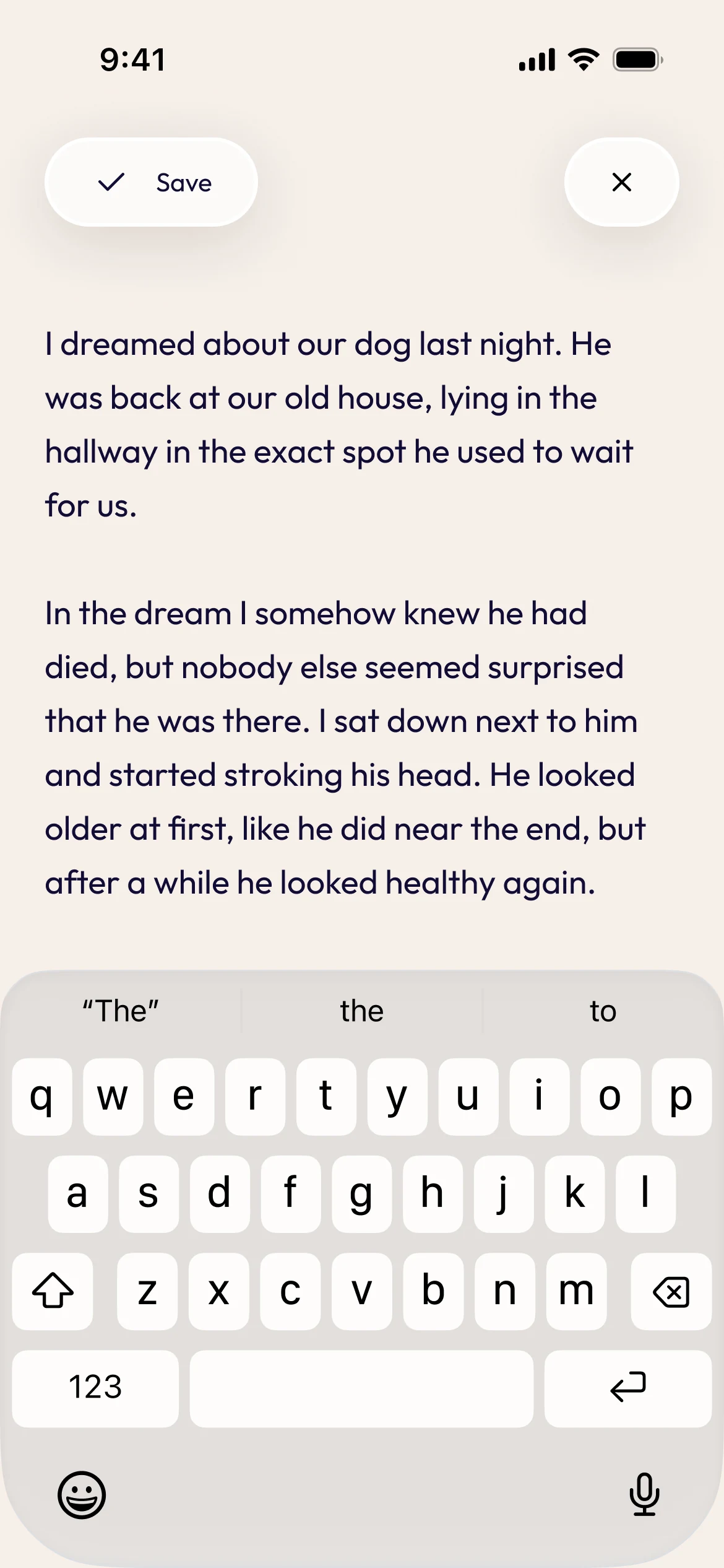 Ruya text entry with a completed dream and a Save action