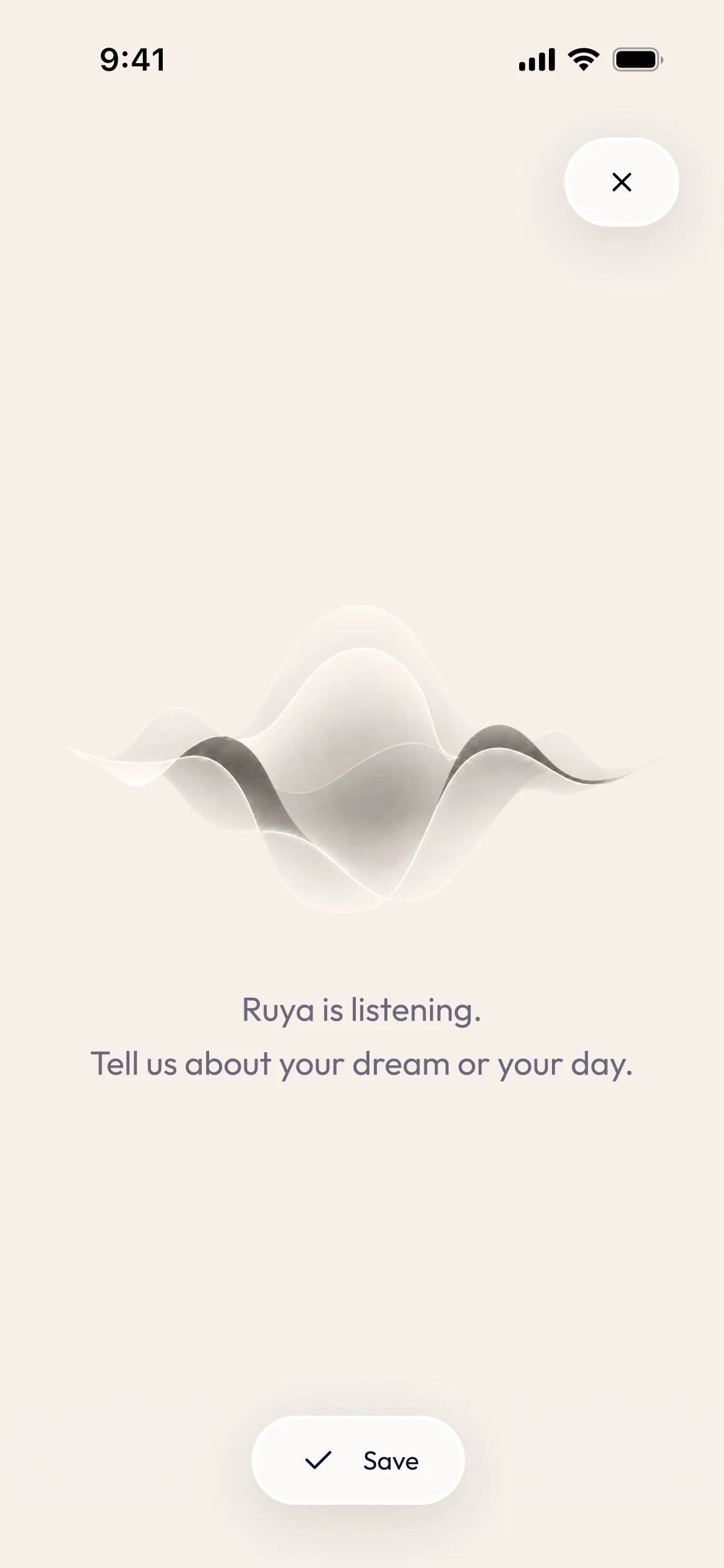 Ruya voice entry mode showing a listening waveform